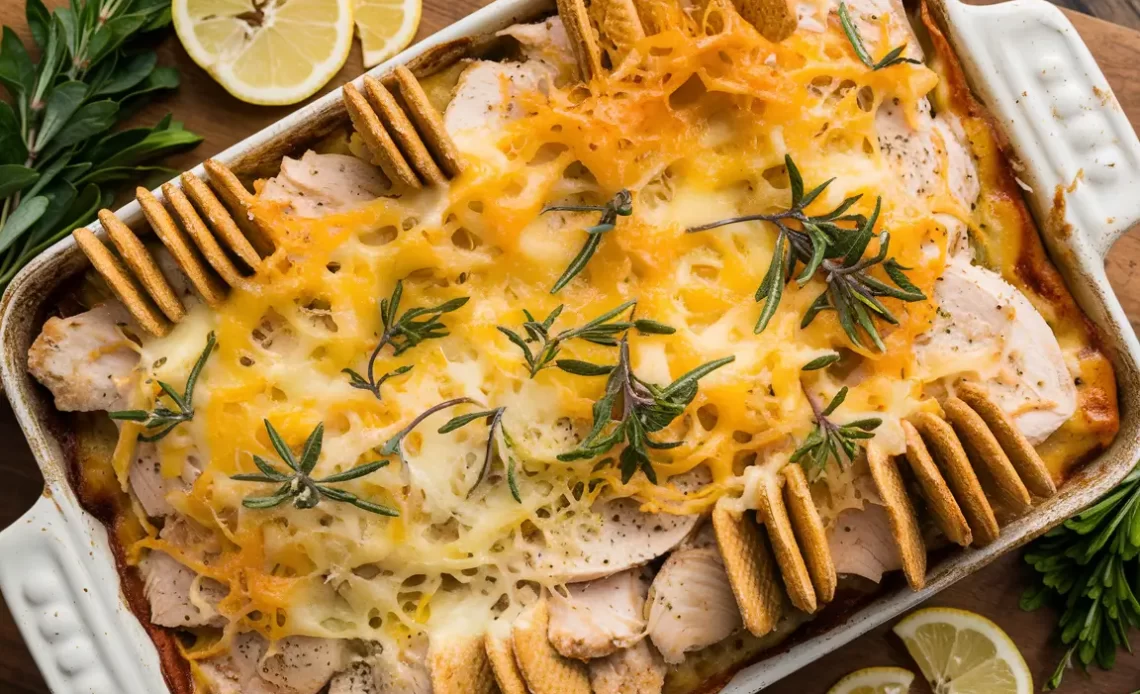 Million Dollar Chicken Casserole topped with golden breadcrumbs, served in a baking dish with creamy layers of shredded chicken, cheese, and herbs