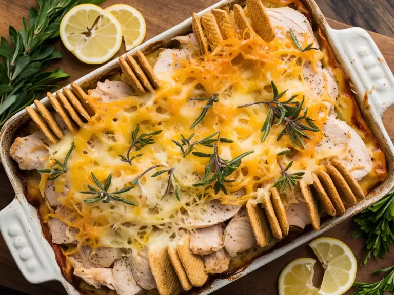 Million Dollar Chicken Casserole topped with golden breadcrumbs, served in a baking dish with creamy layers of shredded chicken, cheese, and herbs