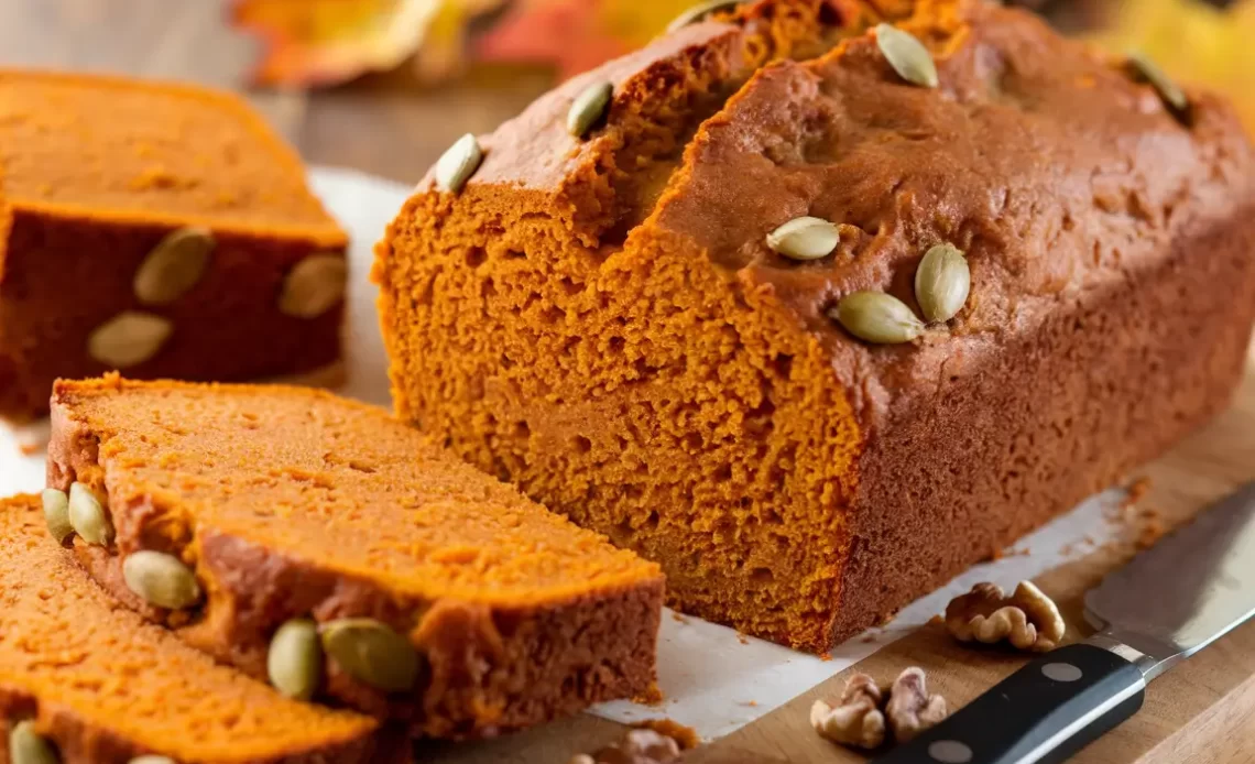 Classic Libby's Pumpkin Bread Recipe: A freshly baked loaf of moist pumpkin bread, golden brown with a slightly cracked top, surrounded by warm fall colors like cinnamon sticks and orange pumpkins, capturing the essence of autumn's cozy flavors.