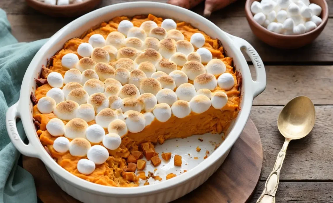 This Sweet Potato Casserole with Marshmallows is creamy, sweet, and topped with gooey marshmallows—a perfect, easy fall dessert!