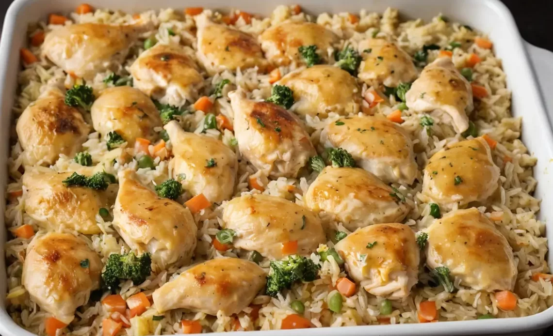 This Chicken and Rice Casserole is a quick, comforting meal with chicken, creamy soup, rice, and vegetables—perfect for busy nights!