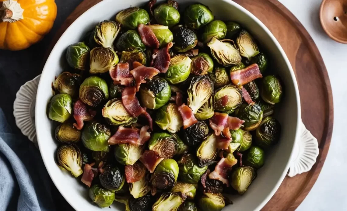 Crispy Roasted Brussels Sprouts with Bacon: a savory, golden-brown Thanksgiving side dish with garlic, balsamic, and perfect holiday flavor.