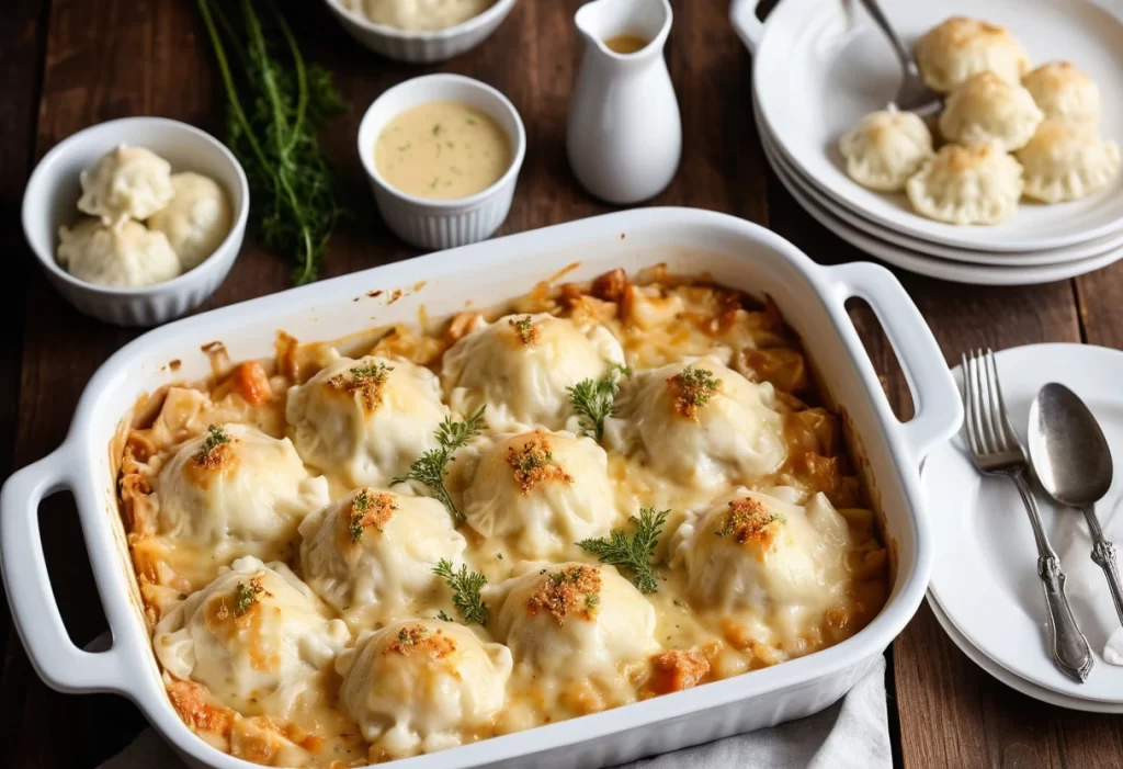 Make this cozy Chicken and Dumpling Casserole with tender chicken, fluffy dumplings, and a creamy, cheesy topping. Perfect for any family meal!