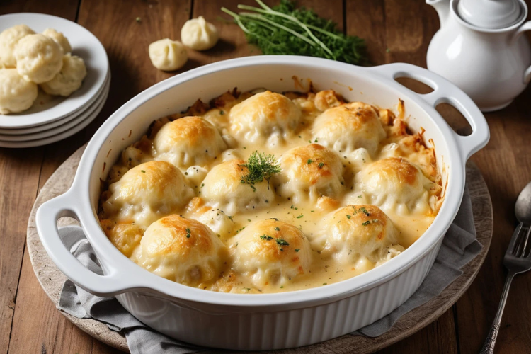 Make this cozy Chicken and Dumpling Casserole with tender chicken, fluffy dumplings, and a creamy, cheesy topping. Perfect for any family meal!