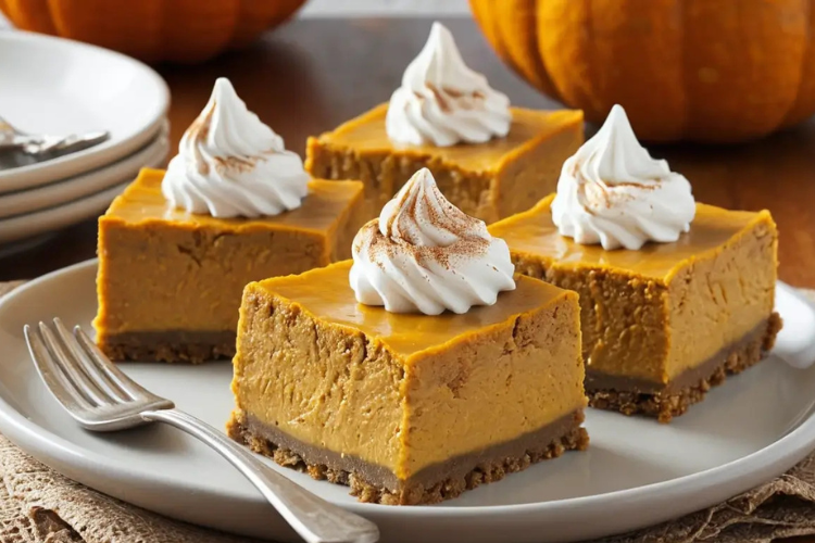 Creamy pumpkin cheesecake bars with a spiced gingersnap crust – an easy, delicious Thanksgiving dessert everyone will love!