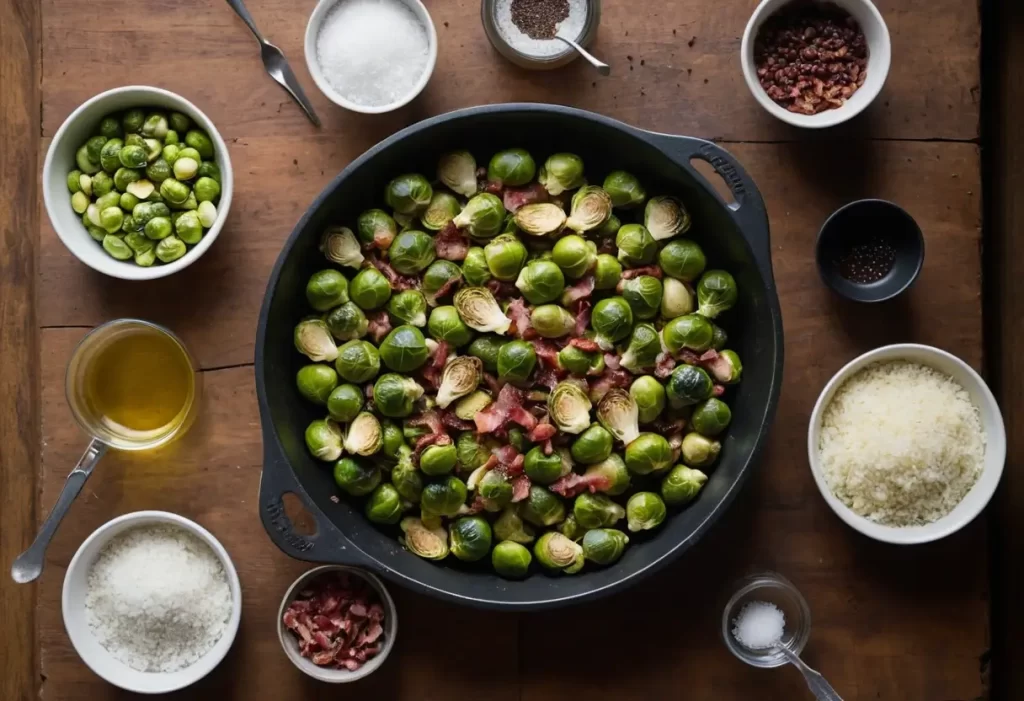 Crispy Roasted Brussels Sprouts with Bacon: a savory, golden-brown Thanksgiving side dish with garlic, balsamic, and perfect holiday flavor.