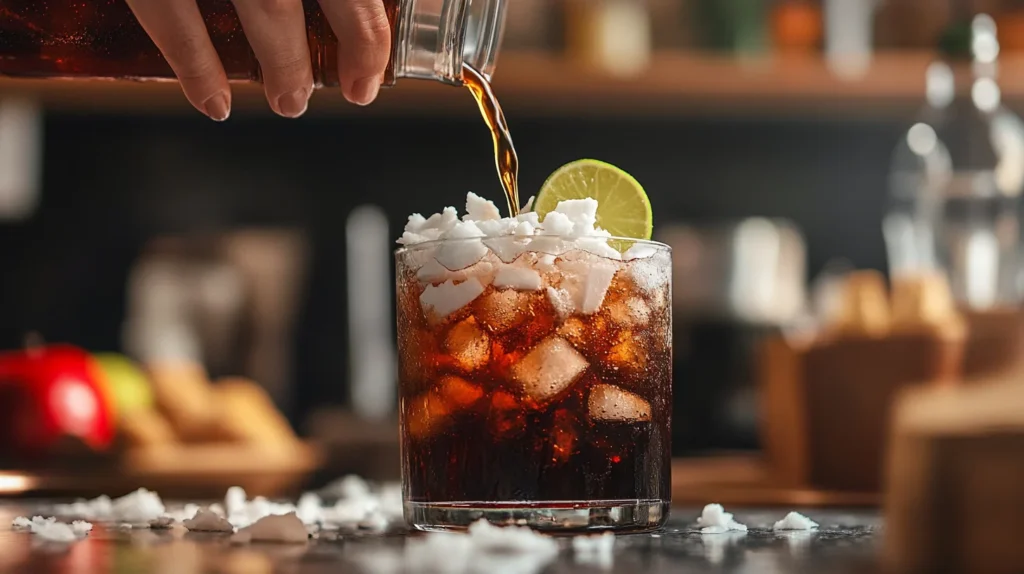 Pouring Dr Pepper into mocktail glass