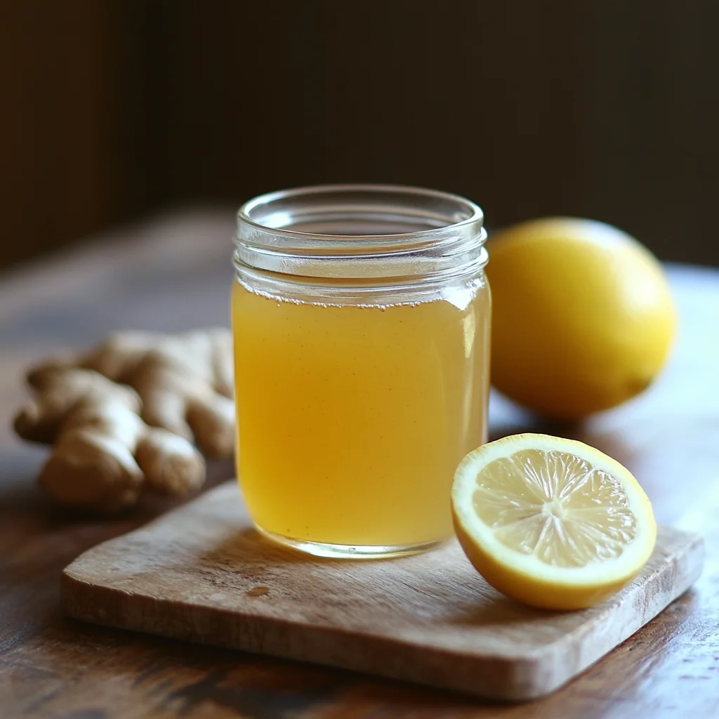 Mason jar of Natural Mounjaro drink with lemon and ginger on a wooden board