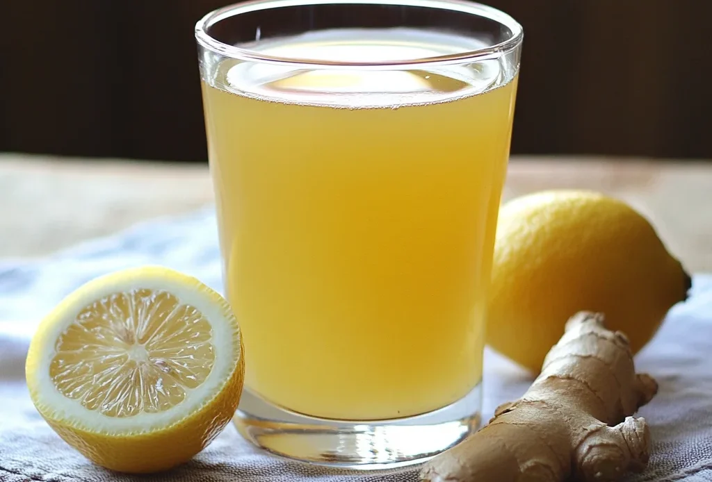 Natural Mounjaro drink with lemon and fresh ginger on a cloth napkin