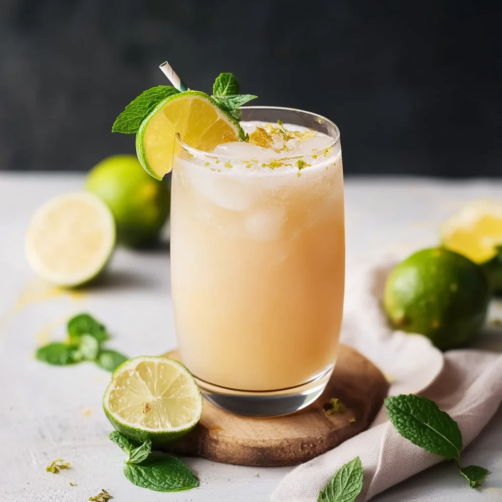 Tall glass of iced natural Ozempic drink topped with lime zest and mint, surrounded by fresh lime slices and leaves