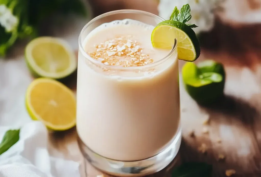 Glass of creamy natural Ozempic drink topped with oats, garnished with lime and mint, surrounded by fresh lime halves