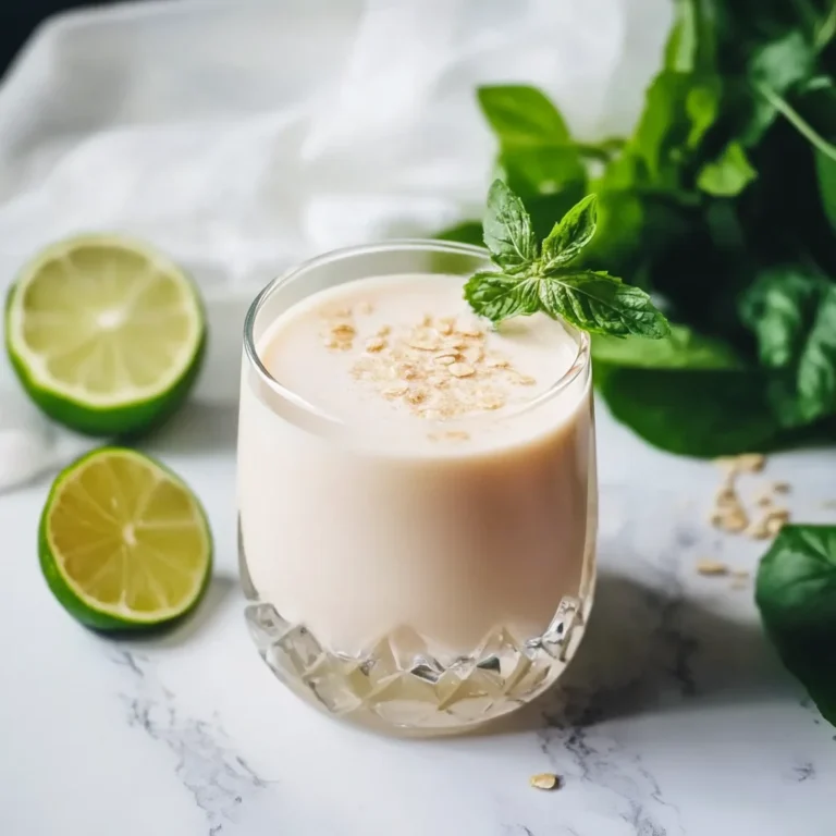 Glass of creamy natural Ozempic drink garnished with mint and oats, with fresh lime and spinach in the background