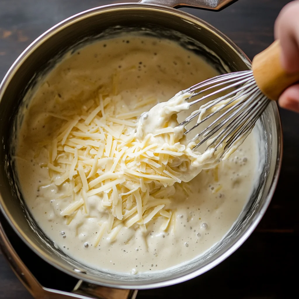 Whisking Parmesan and Romano into Alfredo sauce