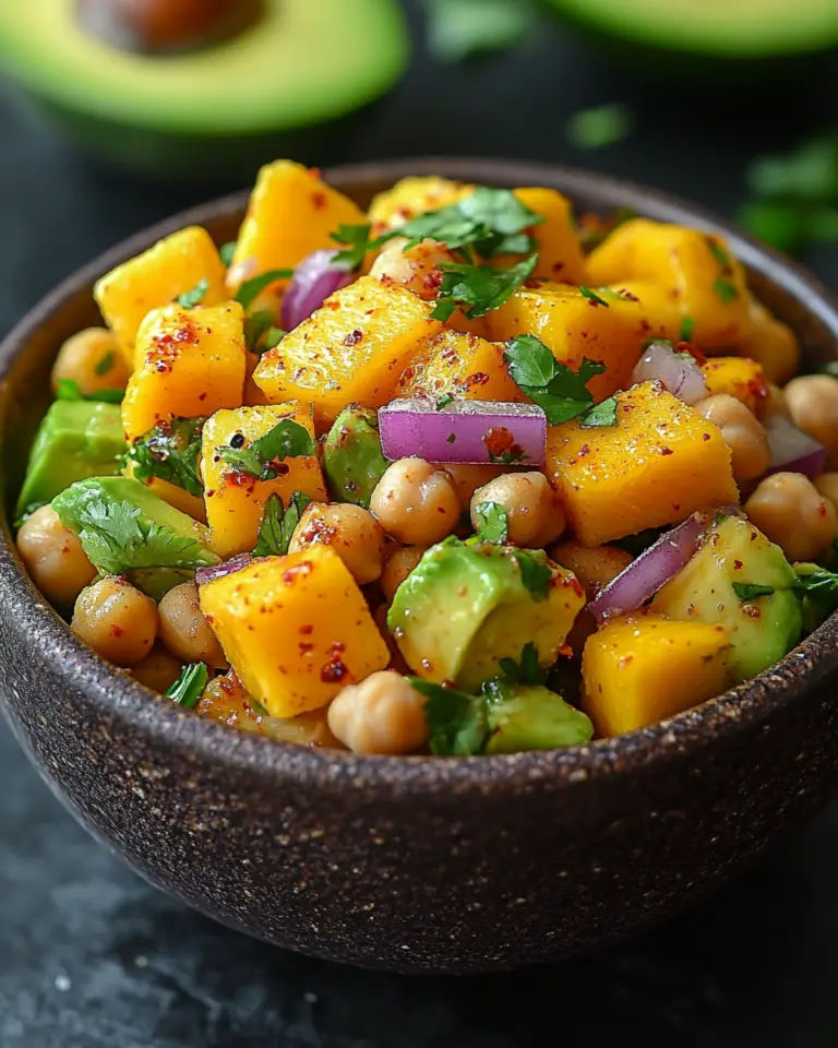 Chickpea Avocado Mango Salad in rustic bowl