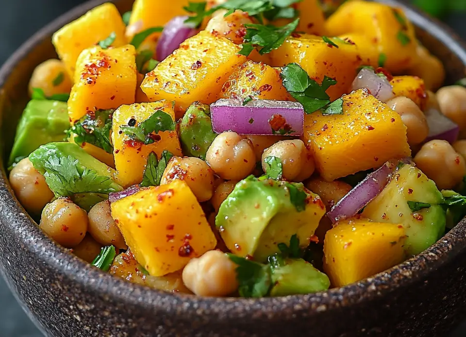 Chickpea Avocado Mango Salad in rustic bowl