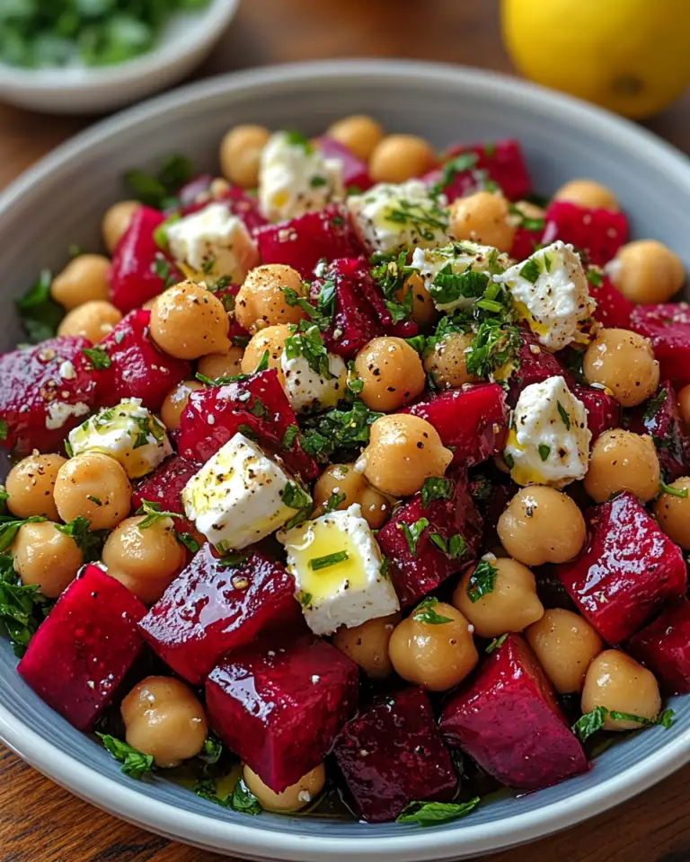 Plated Chickpea Beet Feta Salad with gold fork