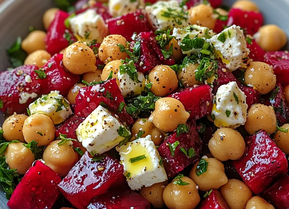 Plated Chickpea Beet Feta Salad with gold fork
