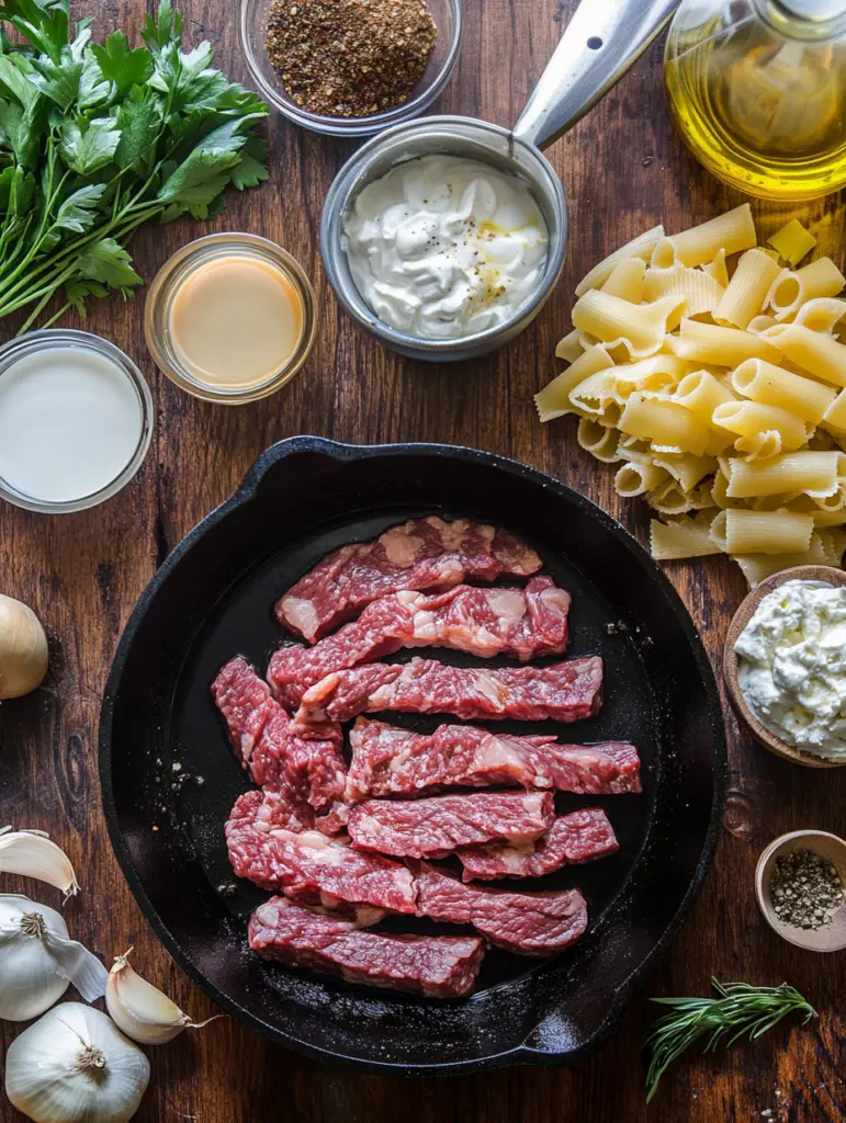 All ingredients for creamy paprika steak shells arranged on a board
