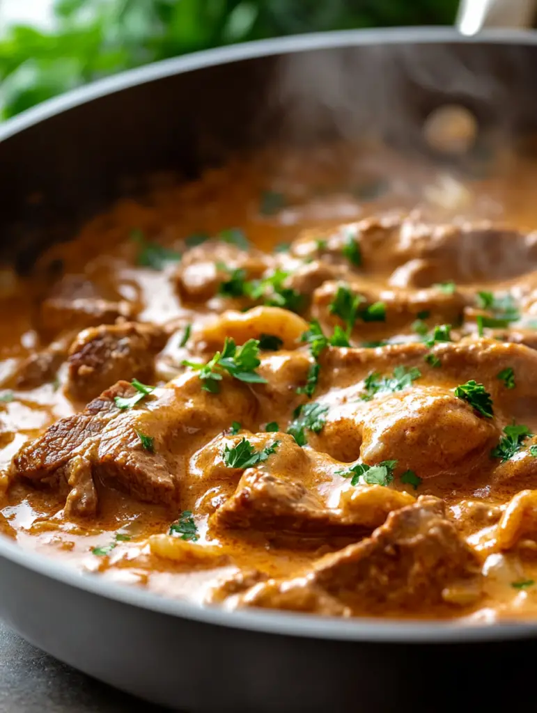 Sirloin steak searing in a skillet for creamy paprika shells