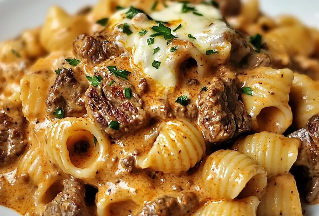 Creamy paprika steak shells in a rustic bowl with steak and parsley