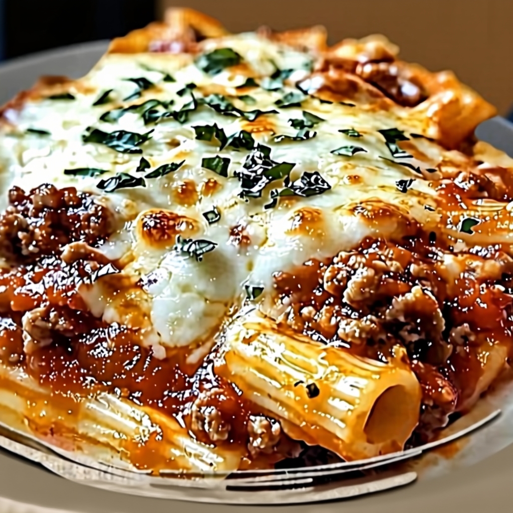 A beautiful, bubbly pan of freshly baked ziti with ground beef