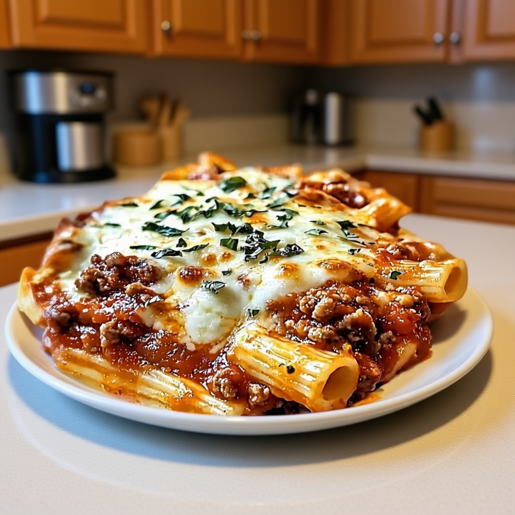The key ingredients for baked ziti laid out on a table