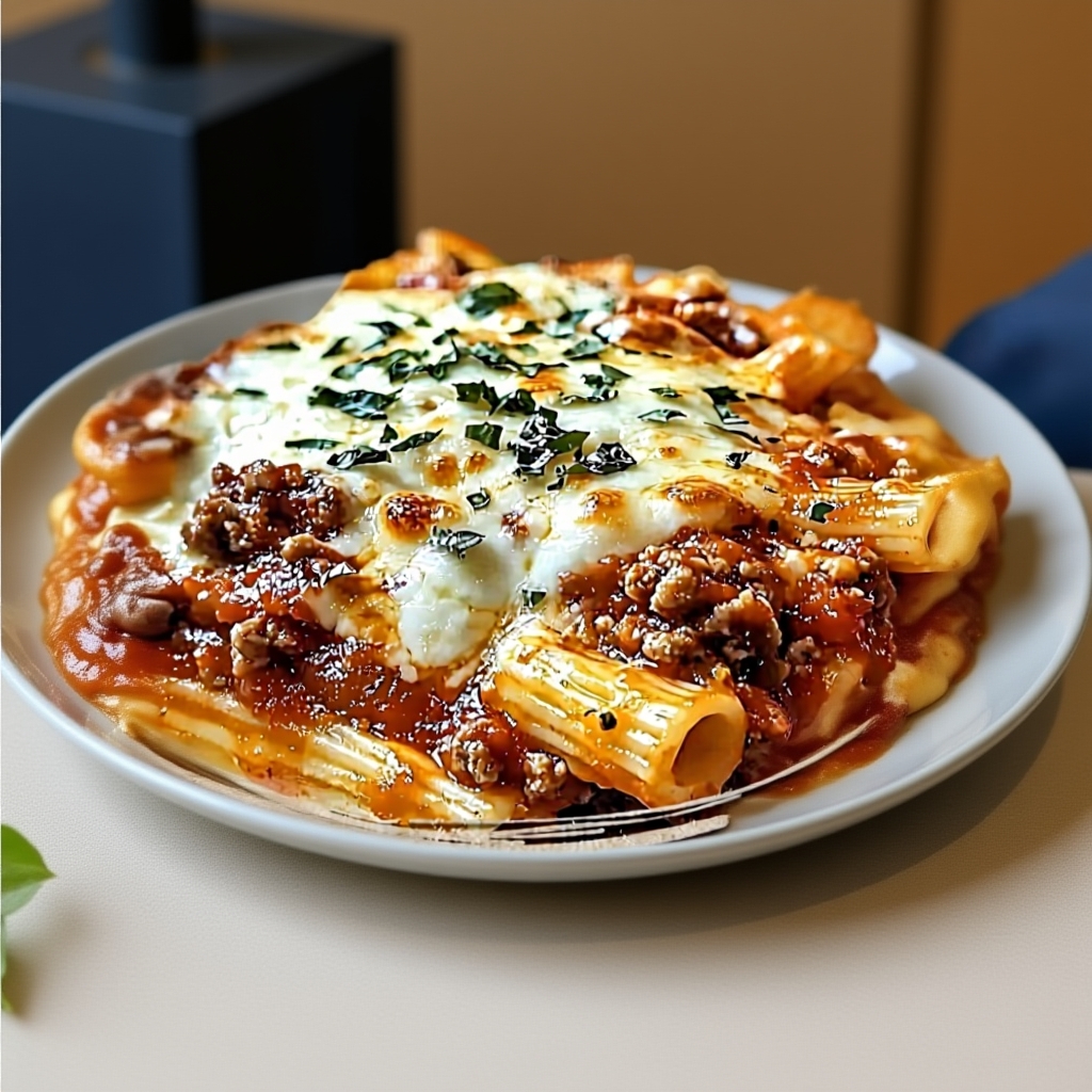 A single serving of cheesy baked ziti on a white plate