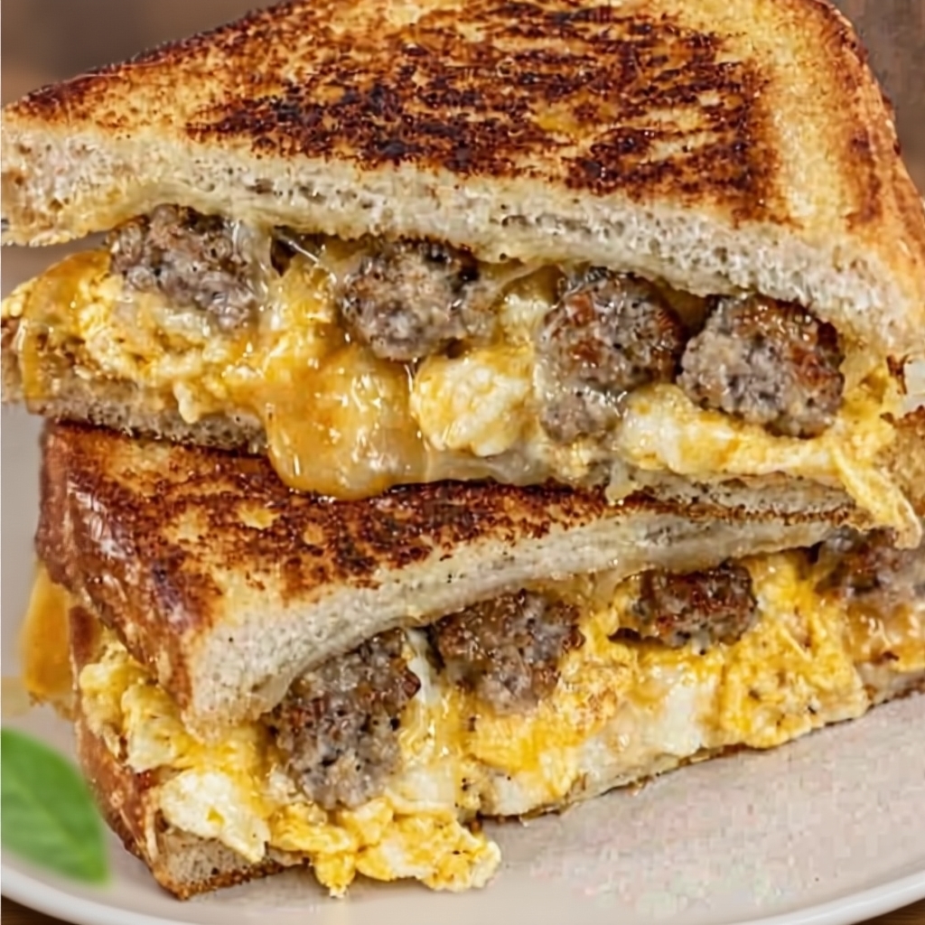 A perfectly golden-brown breakfast grilled cheese sandwich with eggs, cut in half to show the gooey cheese
