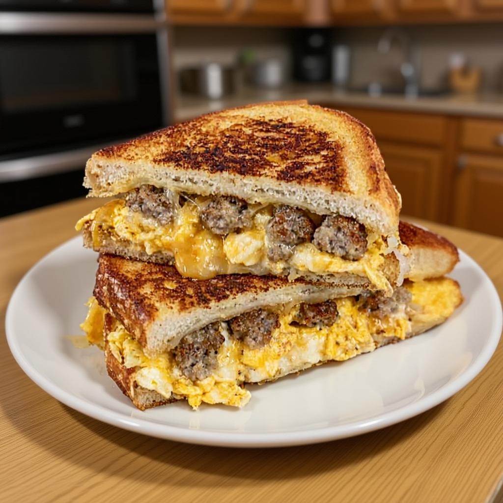 A close-up of the layers inside the breakfast grilled cheese, showing the egg and bacon
