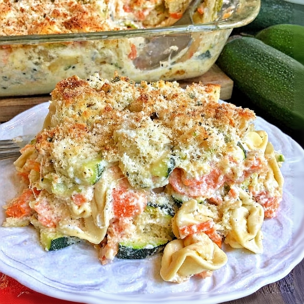 A beautiful golden-brown Cheesy Tortellini Zucchini Casserole fresh from the oven