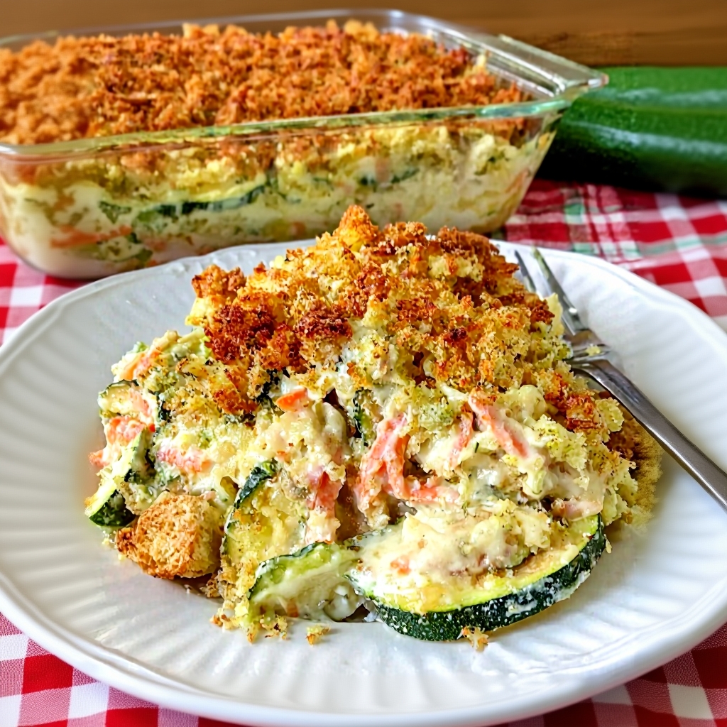 A freshly baked cheesy zucchini casserole, golden brown and bubbling in a 9x13 inch baking dish.