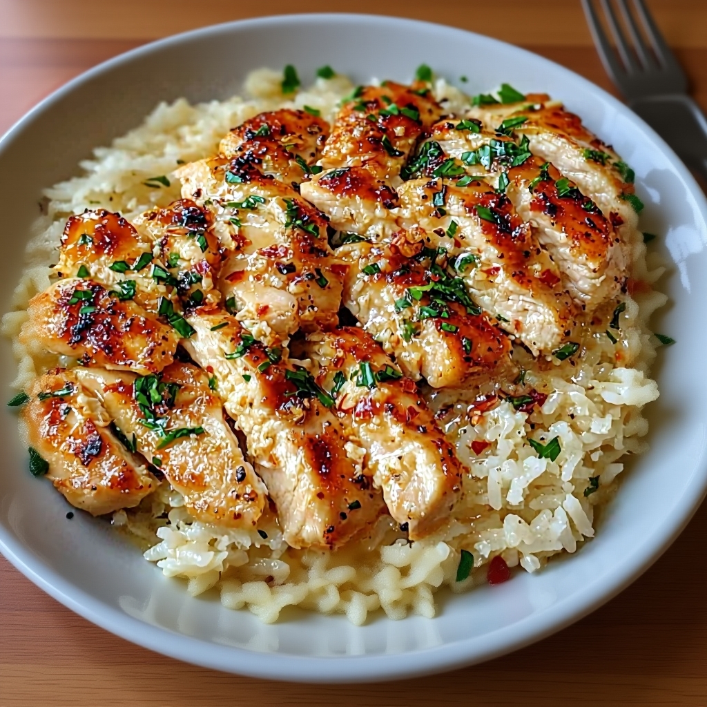 Delicious Chicken Scampi served with Garlic Parmesan Rice
