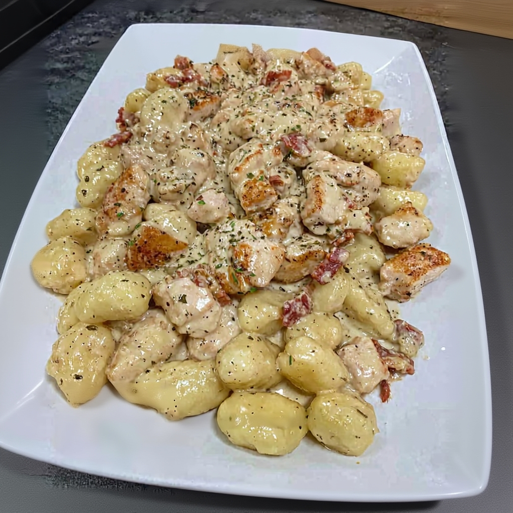 A close-up shot of the creamy chicken and gnocchi in the skillet