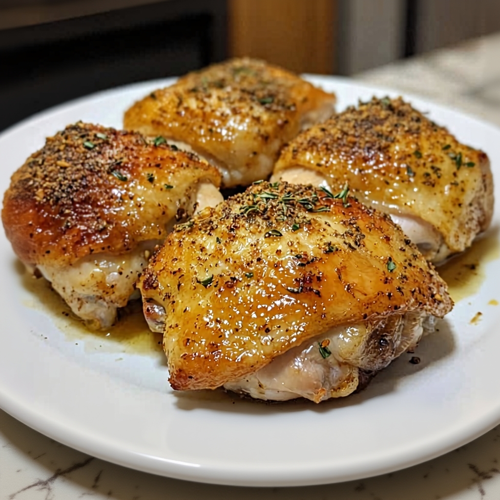 A platter of golden, crispy baked chicken thighs garnished with fresh parsley.