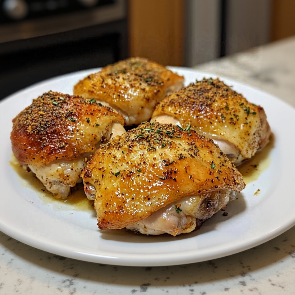 Raw bone-in, skin-on chicken thighs on a baking rack being seasoned with paprika and herbs.