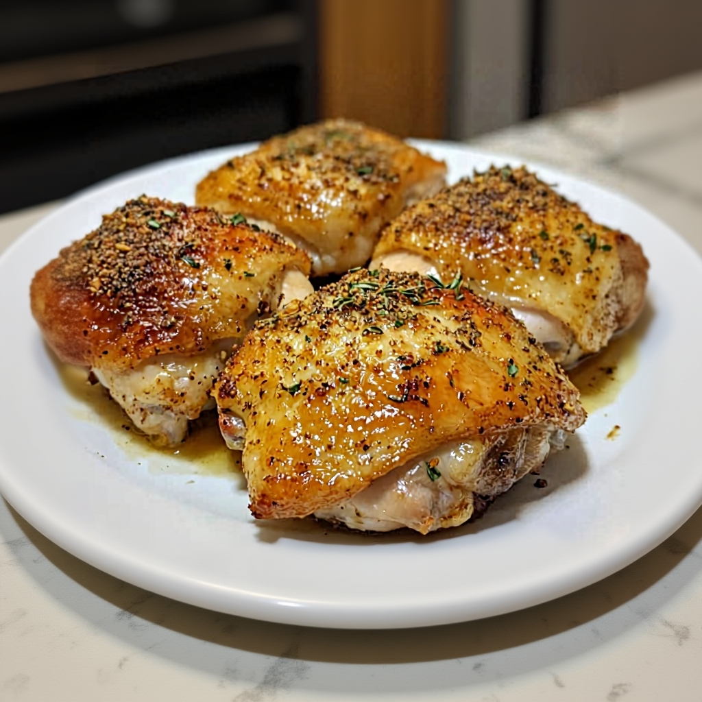 A dinner plate showing a crispy baked chicken thigh served with roasted potatoes and a green vegetable.
