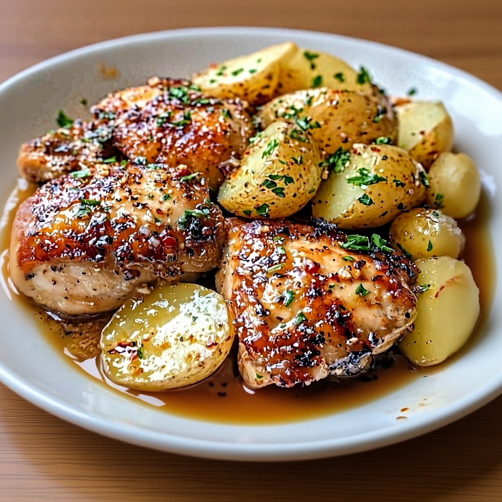 A close-up shot of the tender chicken and potatoes in the creamy sauce
