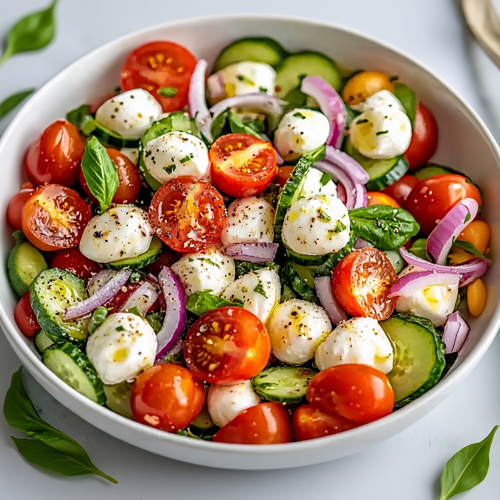 A large bowl of vibrant cucumber caprese salad with tomatoes, mozzarella, red onion, and basil.
