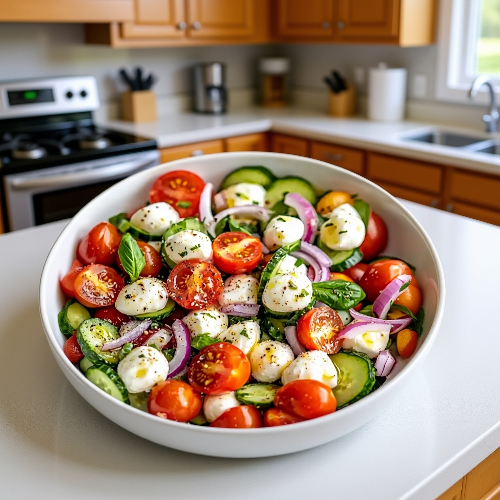 A beautiful flat lay of fresh ingredients: English cucumbers, cherry tomatoes, a ball of fresh mozzarella, red onion, and a bunch of basil.
