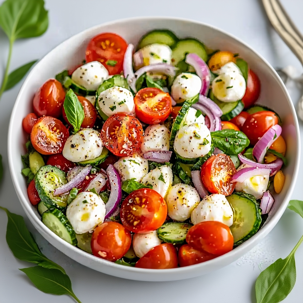 Hands gently tossing the cucumber caprese salad with two large spoons in a white bowl.