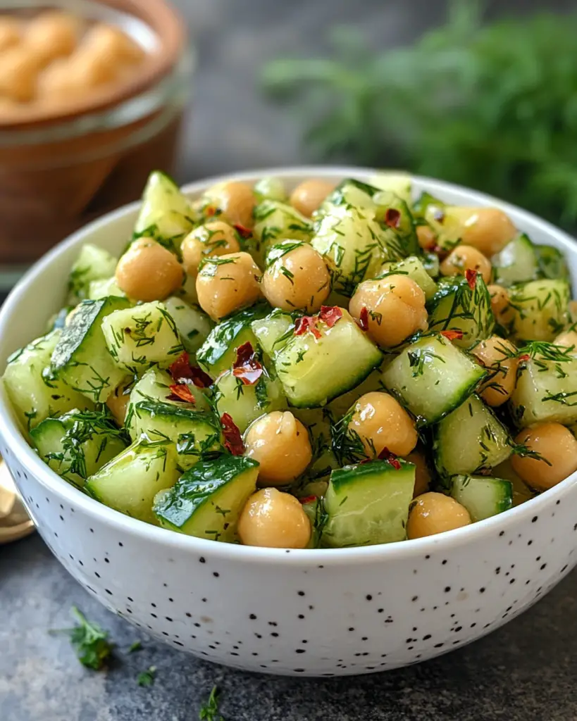 Cucumber chickpea yogurt salad in a white bowl, garnished with fresh dill