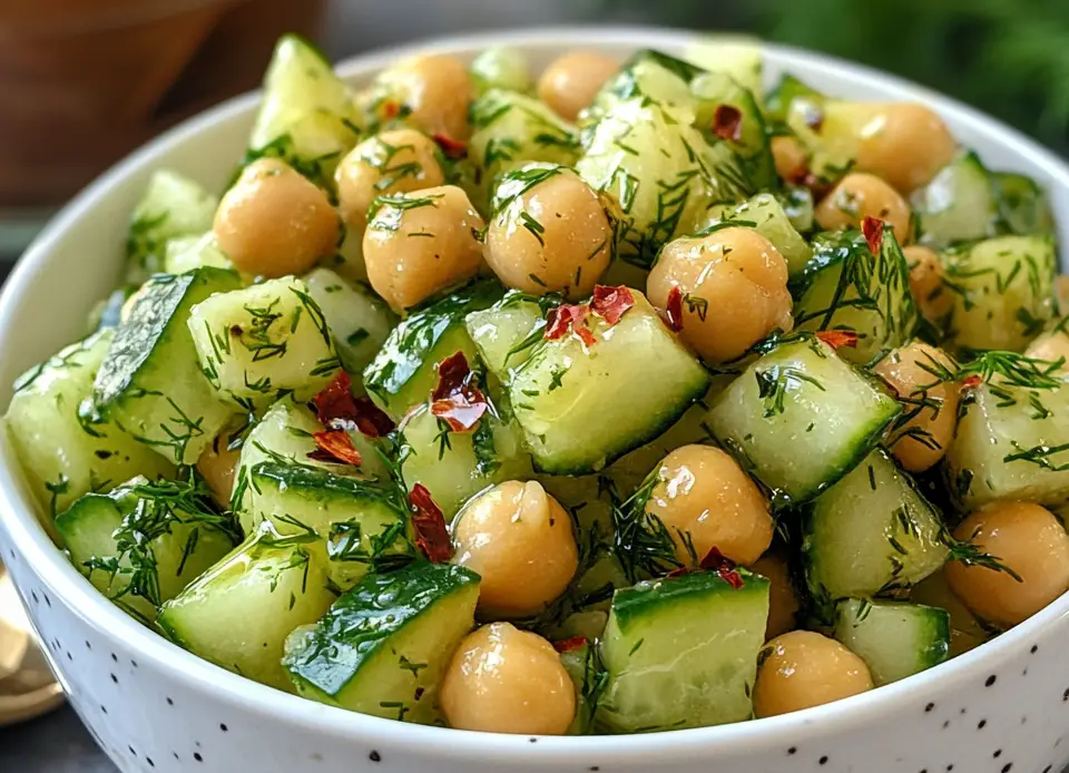 Cucumber chickpea yogurt salad in a white bowl, garnished with fresh dill