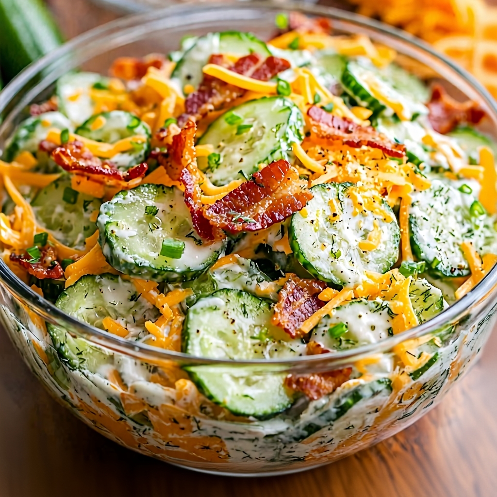 A large bowl of creamy cucumber ranch crack salad, garnished with fresh dill.