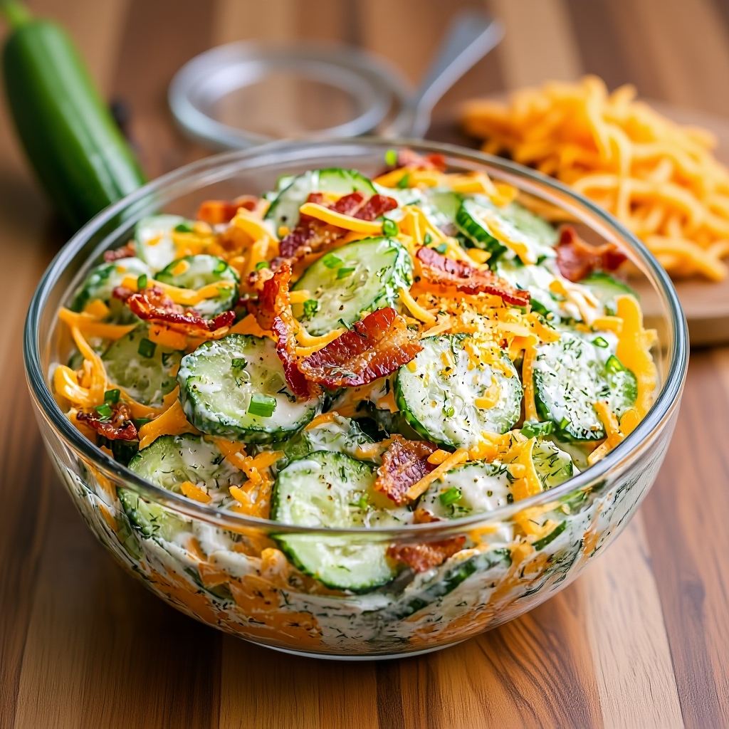 Ingredients for the salad: English cucumbers, a bottle of ranch, a block of cheddar cheese, and cooked bacon.