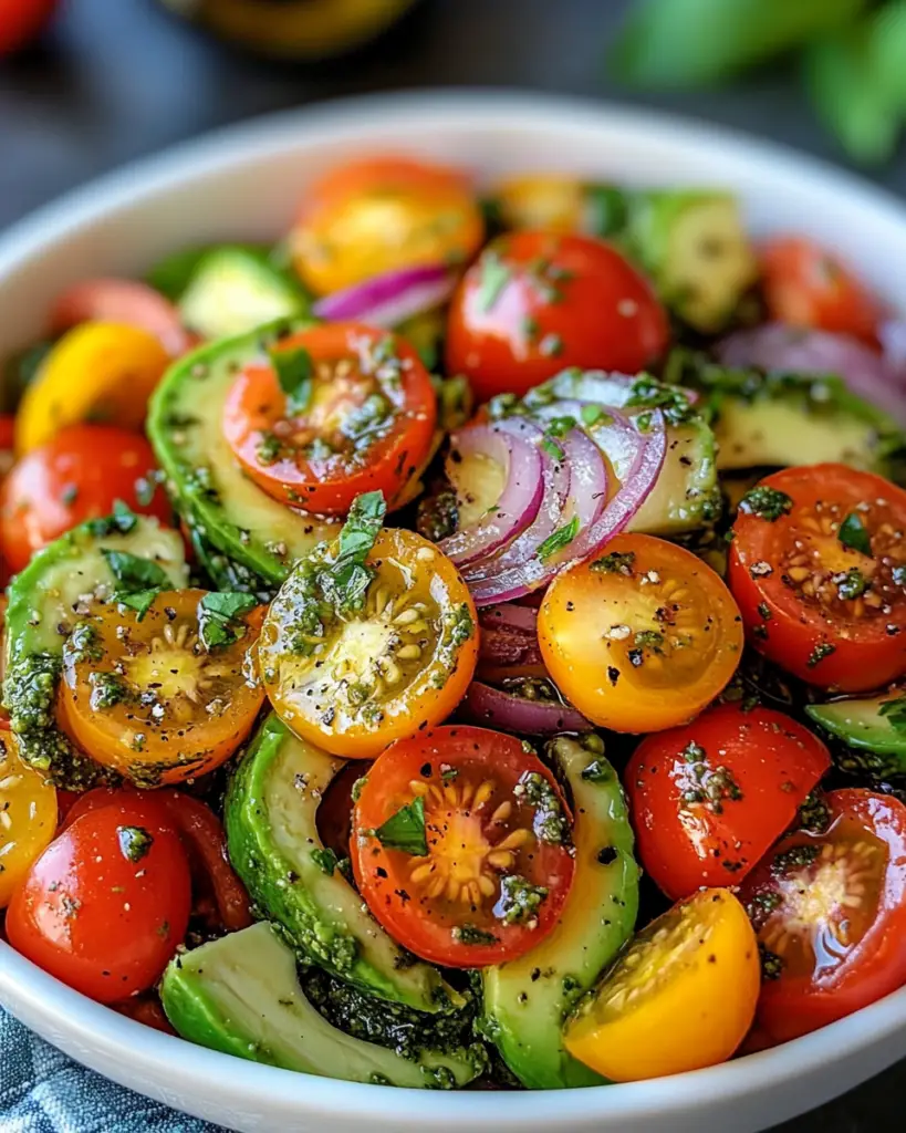 Avocado tomato pesto salad served outdoors