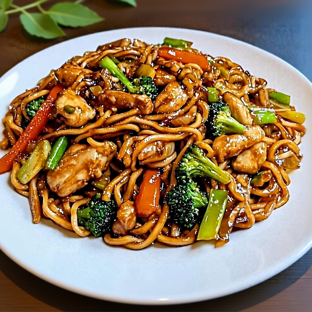 A beautiful final dish of Garlic Chicken Lo Mein in a bowl