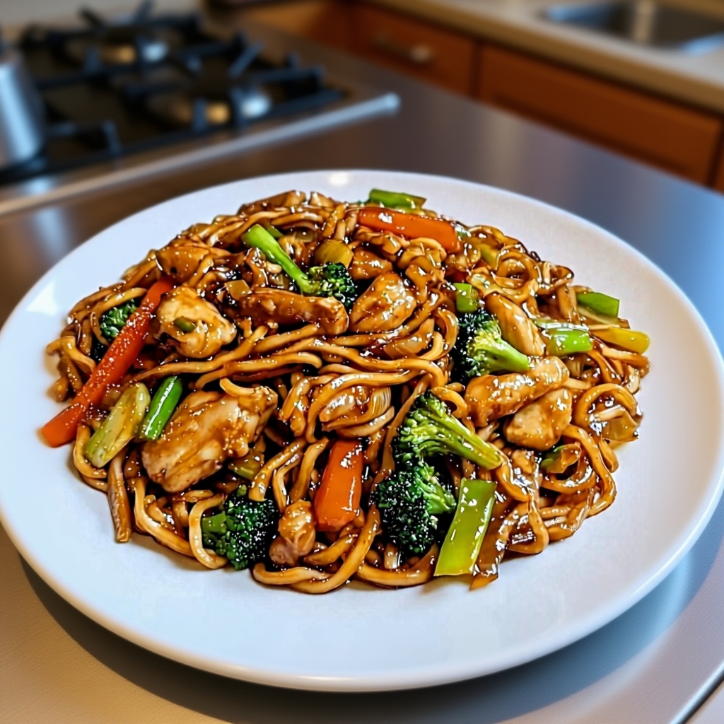 The fresh ingredients for Garlic Chicken Lo Mein laid out