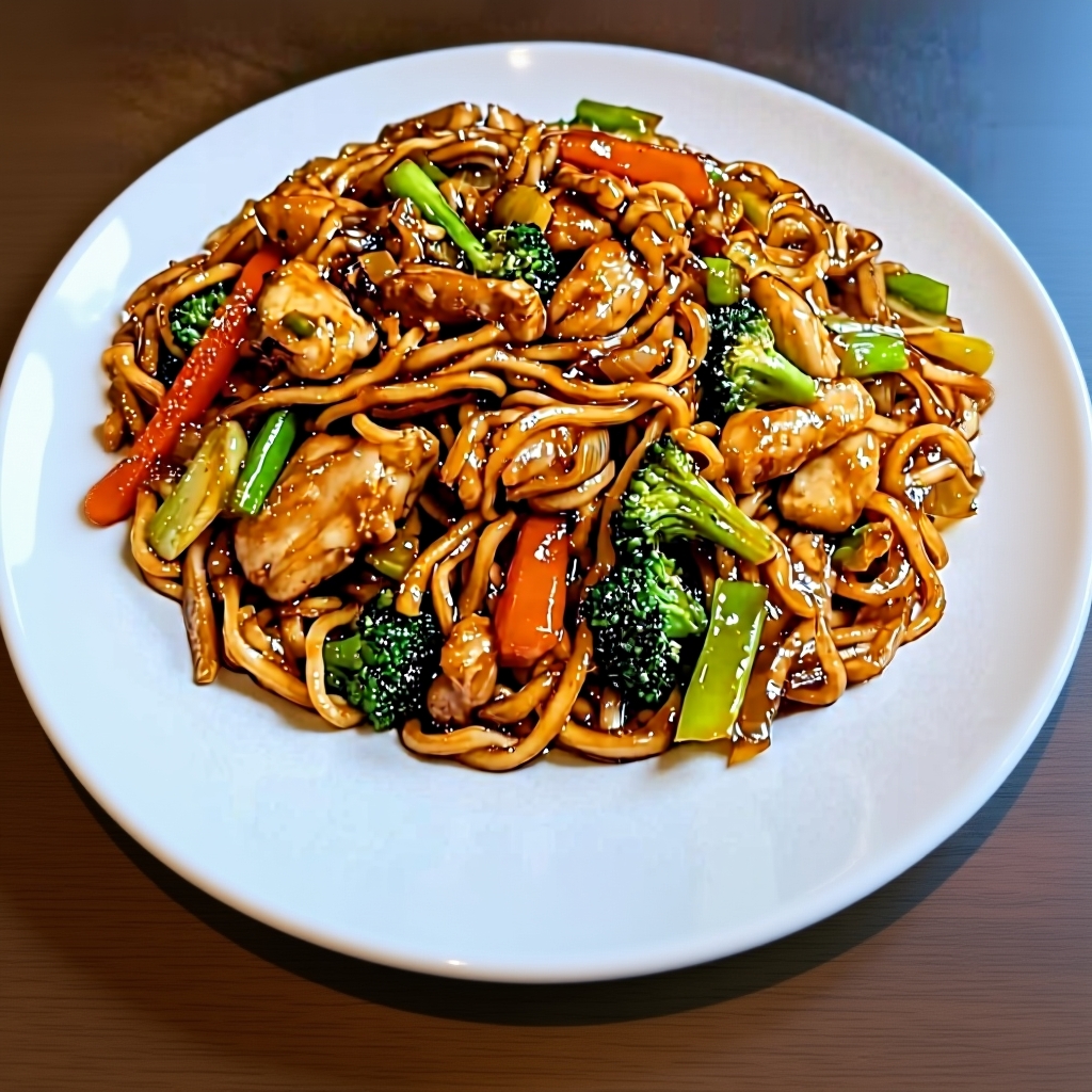 A close-up of the cooking process of Garlic Chicken Lo Mein in a wok