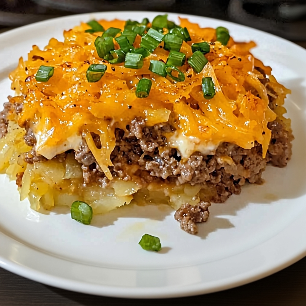Golden brown and bubbly hamburger hash brown casserole in a white baking dish.