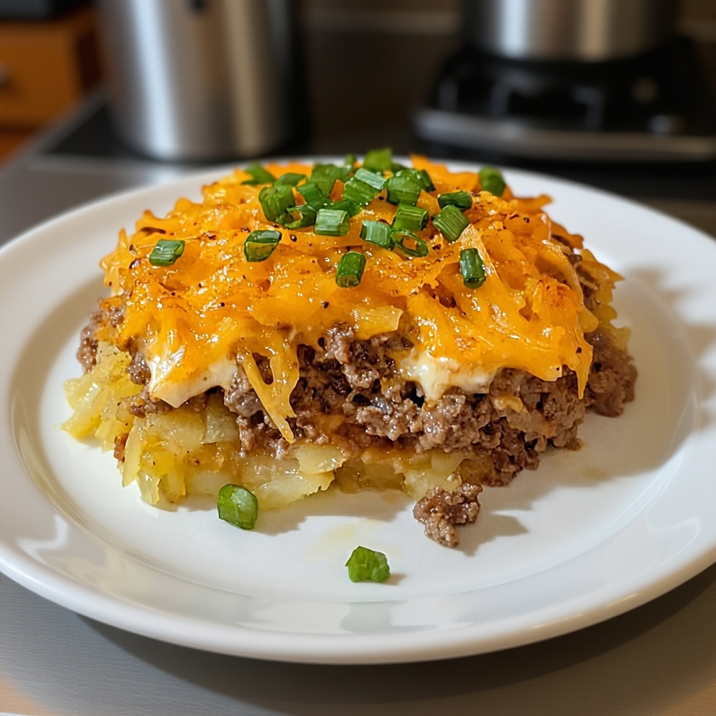 Ingredients for hamburger hash brown casserole, including ground beef, shredded potatoes, cheese, and sour cream.